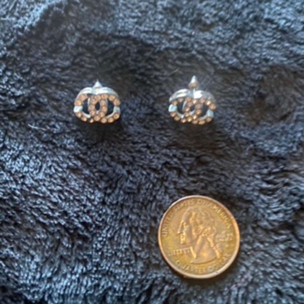 CHANEL Silver and White Logo Earrings